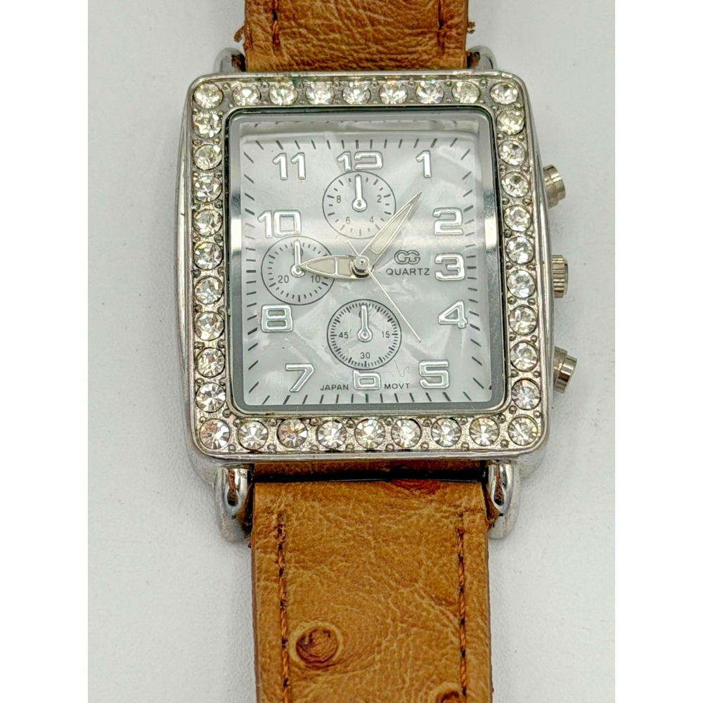 Vintage GG Quartz Watch Square Rhinestone Bezel Mother Of Pearl Dial Working